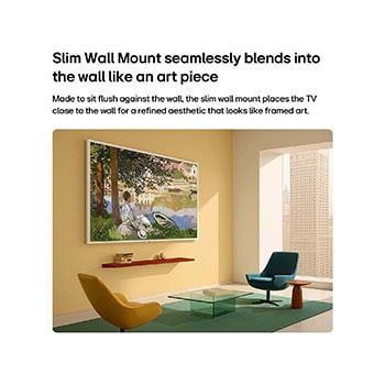 LG Gallery TV AI with frame LX7 ART TV is wall-mounted with a Snow White frame, displaying a painting of ballet dancers in a studio on a yellow wall, enhancing the modern living room with refined gallery-style integration.